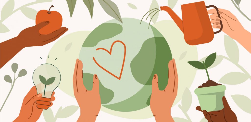 People taking care about planet earth and saving from climate change. Characters hands holding eco friendly objects. Sustainable lifestyle and climate change concept. Flat cartoon vector illustration.